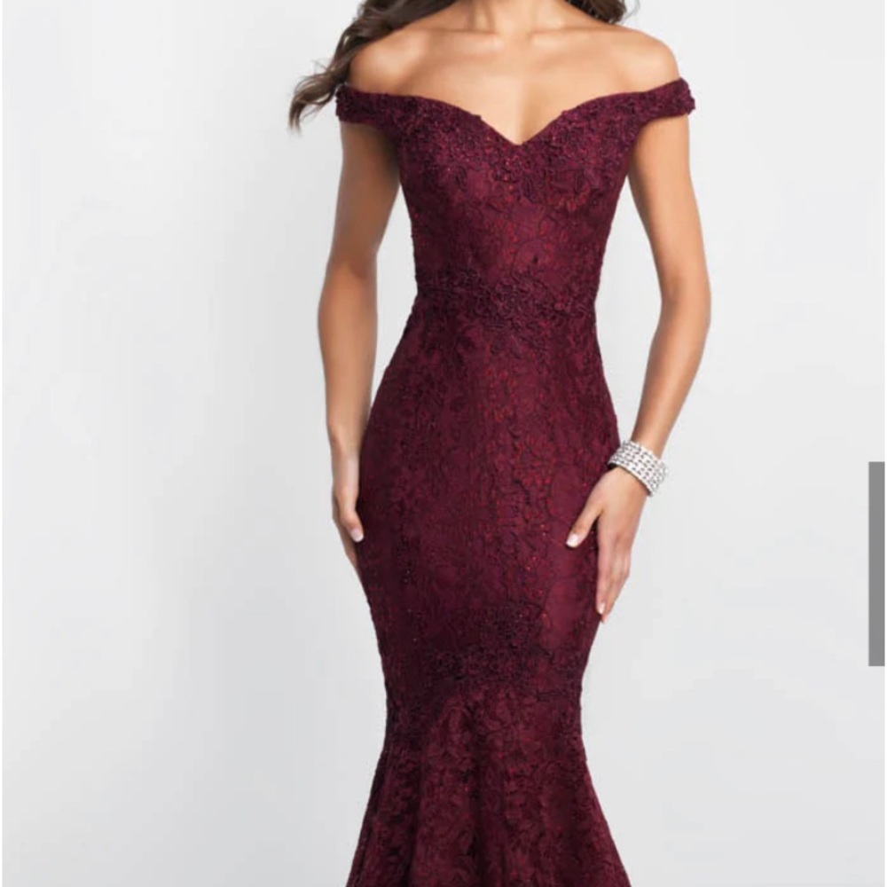 Blush Style 425 off shoulder lace gown. Color wine